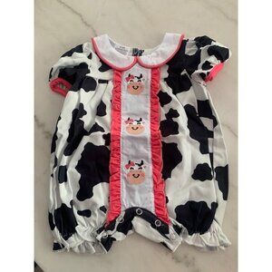 Cow Print Baby Romper With Embroidered Cow Faces & Pink Accents